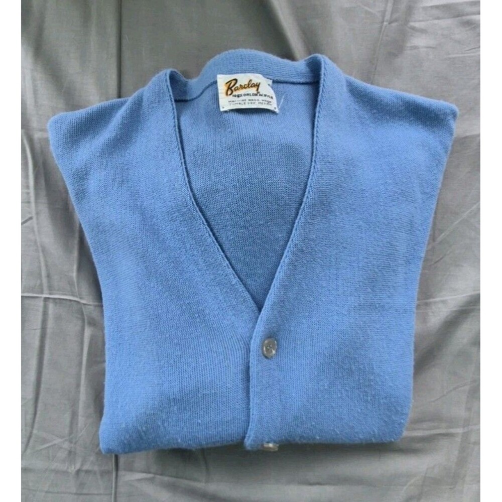 Vintage 60s Barclay Deep V Button Front Cardigan Mens Size XL Light Blue Orlon